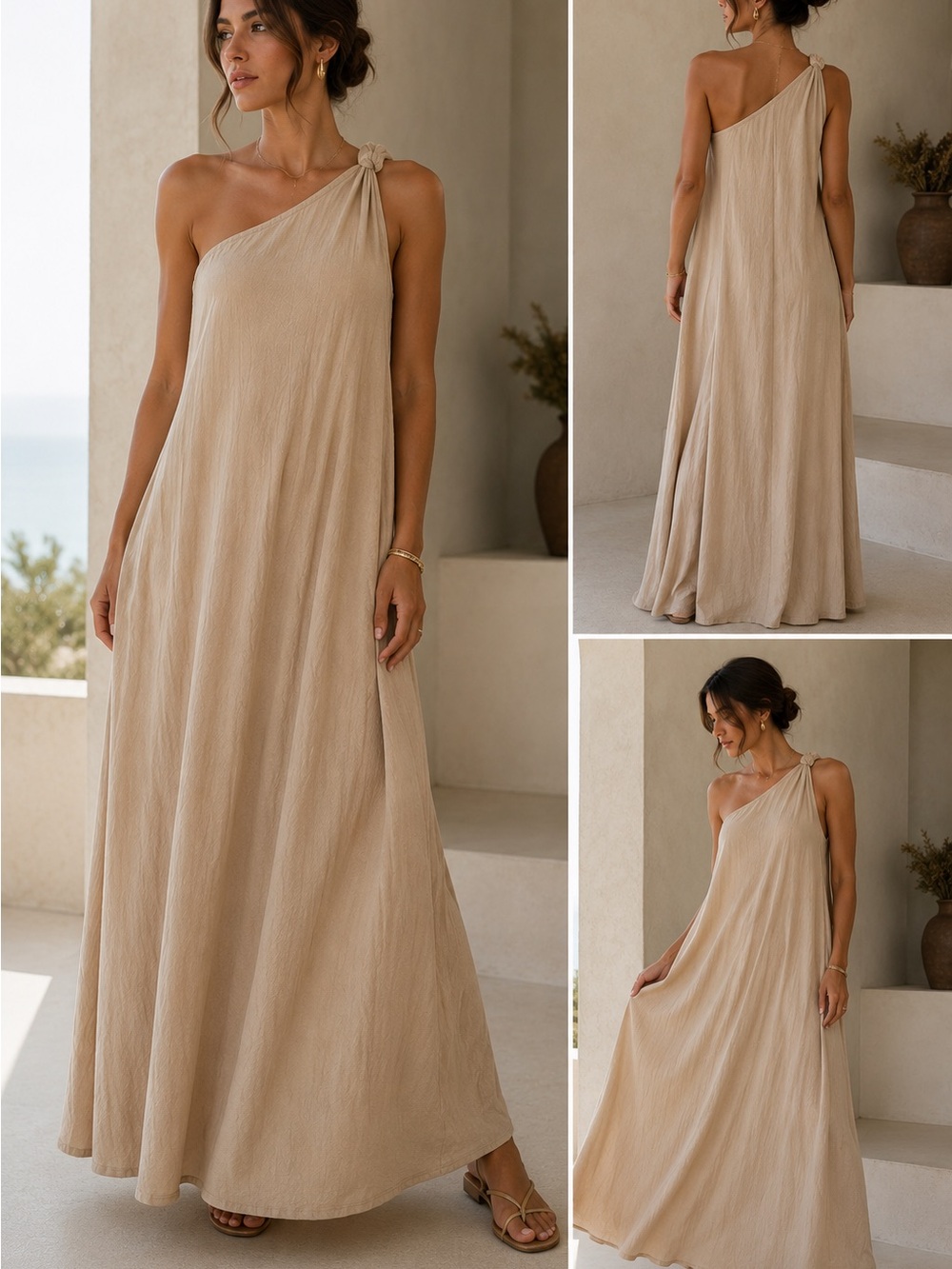 Size L-100% cotton Asymmetrical One-Shoulder Maxi Dress in Cream